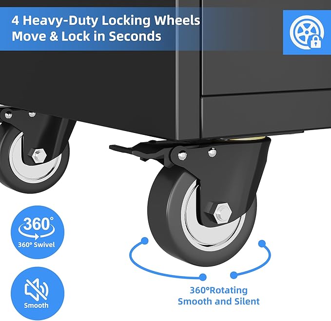 Garage Storage Cabinet with Wheels, Metal Storage Cabinet with 2 Drawers and 2 Adjustable Shelves, Metal Lockers with Pegboards for Homes, Offices, Kitchens, Schools and Pantries