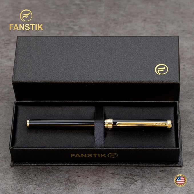 Customized Black & Gold Luxury fountain pen (Made In USA) fancy gift set for women, Real 24K Gold Plating, Professional executive pen gift set for men (Lux Custom-fountain Black-Gold)