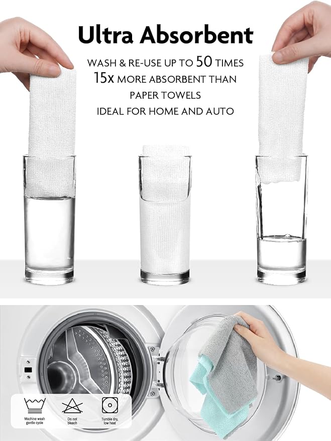 Fantasticlean Microfiber Cleaning Cloth Roll -60 Pack, Tear Away Microfiber Towels, 12" x 12", Reusable, Washable, Scratch Free, Ultra Absorbent Dish Rags for Car, Home, Garage or Shop (White & Blue)