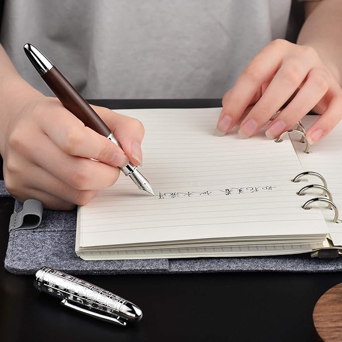 Hongdian 6016 Natural Wood Fountain Pen, Iridium Medium Nib Writing Pen with Metal Pen Case