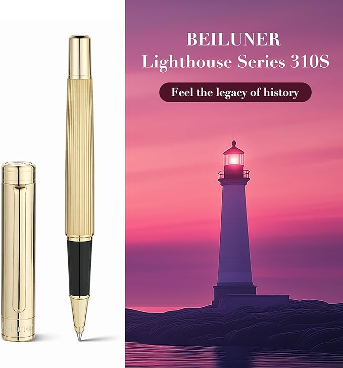 BEILUNER Lighthouse Series Rollerball Pen, 24K Gold Finish Pen Body, Exquisite Vertical Lines, Schneider 850 Refill, Nice Pen Gift Set for Men & Women, Office, Executive and Fancy Designer Pens (Gold)