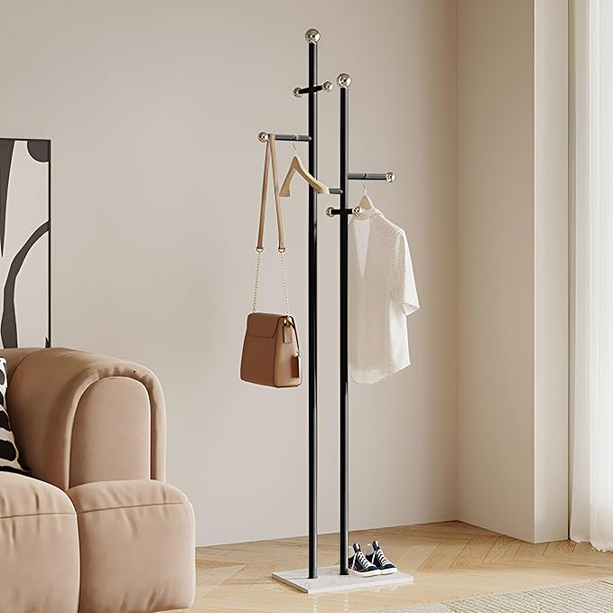 Coat Rack Freestanding with Marble Base Sturdy Coat Tree Heavy Duty Clothes Rack for Entryway Bedroom Living Room Hotel 14.96 x 10.24 x 68.9 Inches (Black)