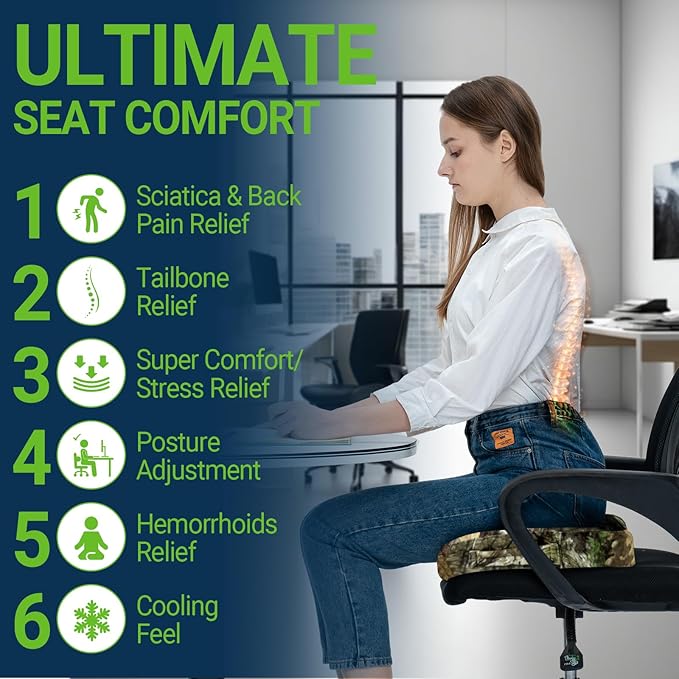 Gel Seat Cushion for Car Office - Memory Foam Pain Relief Chair Pillow Cushions - Tailbone Sciatica Coccyx Butt Lumbar Support Pad for Sitting Driving Traveling, Velvet, Mossy Oak
