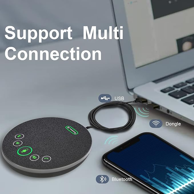 Bluetooth Speakerphone Conference Microphones, Wireless Conference Speaker 360°Voice Pick up with 4 AI Noise Cancellation Mics USB/Dongle/Bluetooth Connection 8 Hour Call Time for 8-12 People