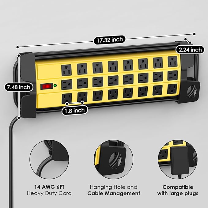 HHSOET Heavy Duty Power Strip with Surge Protection, Industrial Commercial Metal 24 Outlets Wall Mount for Garage Shop, 15 Amp, Switch, 6FT Extension Cord, Yellow.