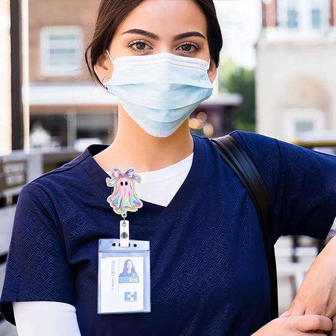 Halloween Badge Reel Retractable ID Name Holder Fun Cute Ghost with Bow Badge Charm Designs Acrylic Cartoon Spooky ID Badge Holder with Alligator Clip for Students Nurses Teachers ID Clip