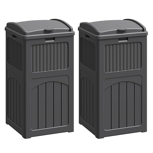 Flamaker 30 Gallon Trash Can, Resin Outdoor Garbage Can with Lid, Waterproof Hideaway Patio Waste Bins for Outside Use (2 Pack, Gray)