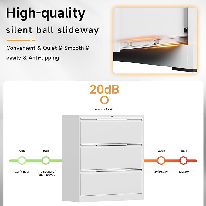 Bestoo Lateral File Cabinet with Lock, 3 Drawer Lateral Filing Cabinet for Office Home, Locking Metal Steel Wide for Hanging Files Letter/Legal/F4/A4 Size, Easy Assemble White