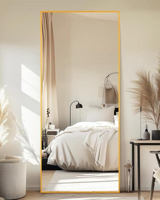 Full-Length Floor Mirror with Stand, 59"x16" Rectangle Style Full Body Standing Mirror for Bedroom, Living Room, Gym, Dorm - Shatter-Resistant & Easy Assembly, Gold