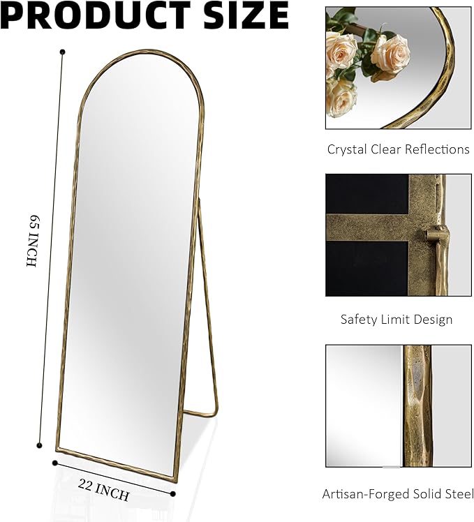 BEGINS 65" x 22" Hand-Forged Vintage Arched Full-Length Mirror - Standalone or Wall-Leaning Design, 20mm Solid Steel Frame, 9mm Anti-Corrosion Back Panel, Suitable for Bedroom or Cloakroom