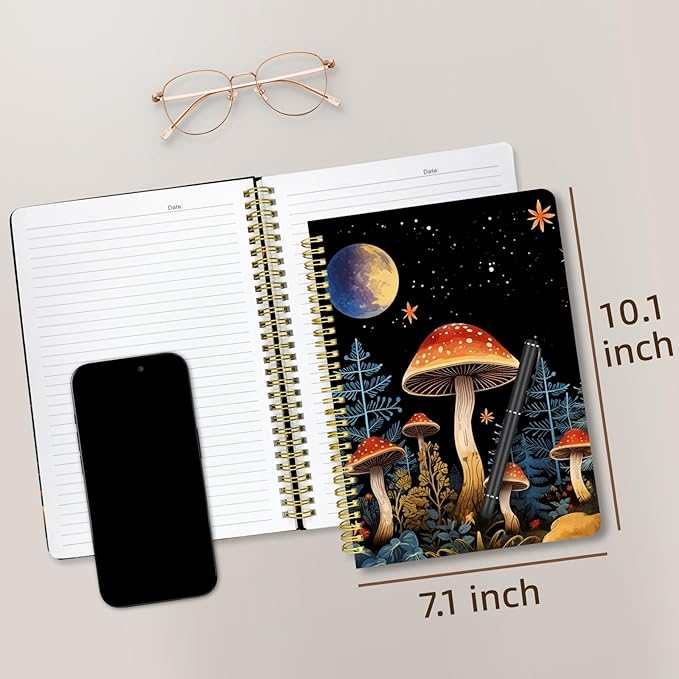Cute Spiral Notebook journal B5 Aesthetic Pretty Design for Women Girls Kawaii with Pocket, 10 x 7.2 inch, Lined, Moon Mushroom