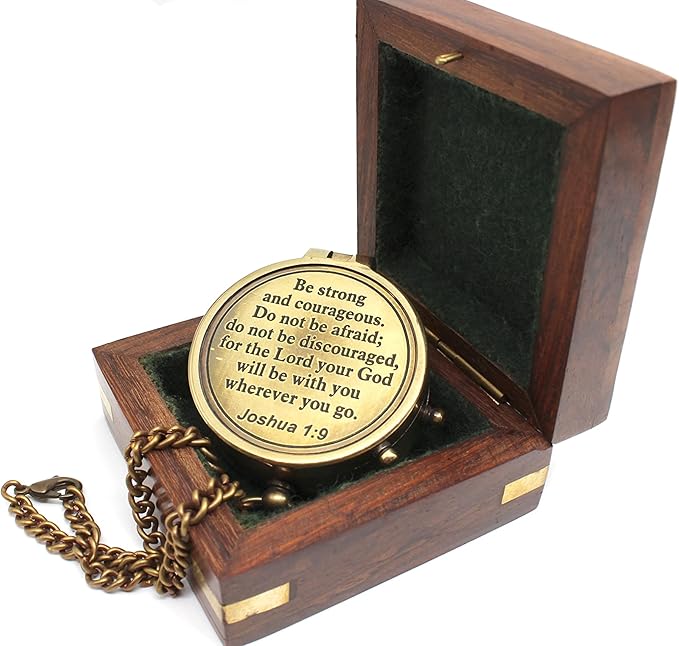 Be Strong and Courageous Compass – Antique Nautical Magnetic Compass with Engraved Scripture Quote – Baptism Gift with Wooden Box for Son, Father, Husband, Loved One