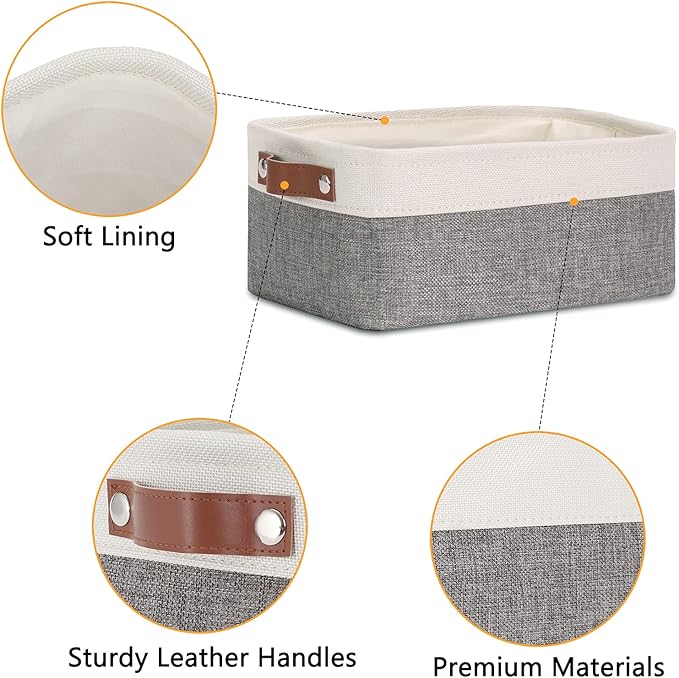 DULLEMELO Small Storage Baskets 6 Pack, Fabric Collapsible Gift Storage Baskets for Shelves, Closets, Nursery, Home, Office Organizing,Small Canvas Linen Rectangular Storage Bins (6-Pack, White&Grey)