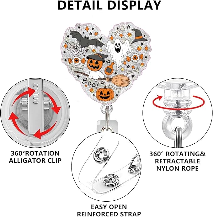 Halloween Ghost Badge Reel Fun Halloween Retractable ID Badge Reel for Nurse, Heart Shape Acrylic Pumpkin Badges Holder with Alligator Clip Fun Holiday Gifts for Nurses Medical Assistant Nursing Staff