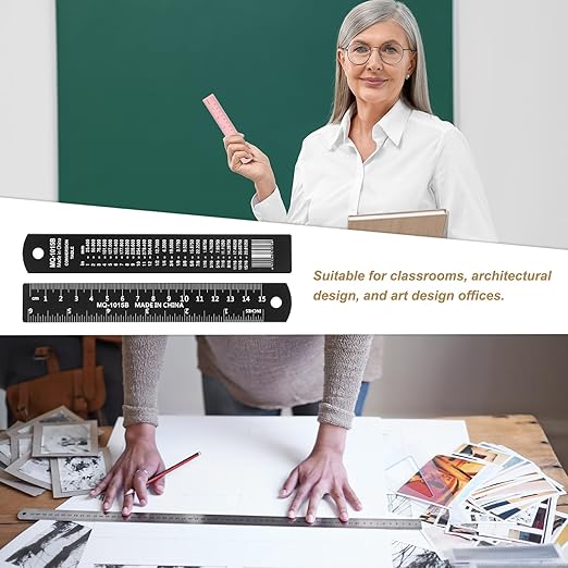 HARFINGTON 6pcs Metal Straight Ruler 15cm Metric SAE Aluminum Alloy Measuring Rulers Scale Tool with Hole for Measure Study Reading Classroom Office, Black