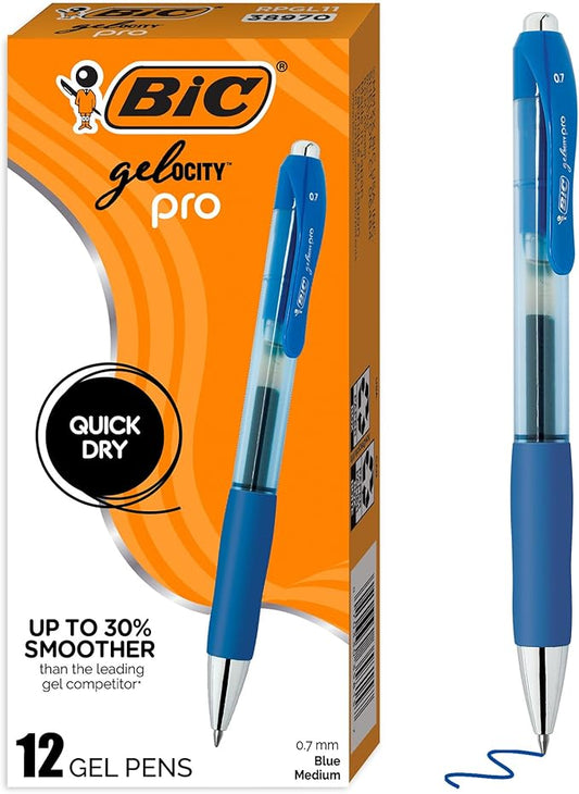 BIC Gelocity Pro Gel Pen with 0.7 mm Medium Point and Smear-Resistant Ink, 12-Count in Blue Ink
