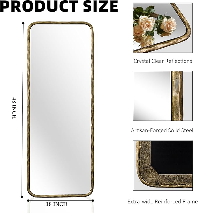 BEGINS 18" x 48" Hand-Forged Vintage Full-Length Mirror, Wall-Leaning or Wall-Mounted Design, 20mm Solid Steel Frame, 9mm Anti-Corrosion Back Panel, Suitable for Bedroom or Cloakroom
