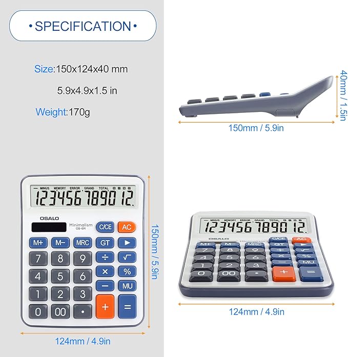 Desktop Calculator Large LCD Display 12 Digit Number Handheld Portable Pocket Basic Calculator with Big Soft Sensitive Button, Battery and Solar Powered, for Office Home School Use(OS-6M)