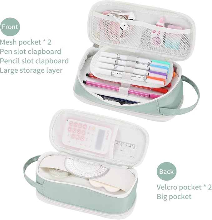 Dugio Big Pencil Case for Girls Teens Kids Zipper Pencil Pouch with Handle Organizer Pencil Bag Aesthetic Pencil Pen Case for School Green