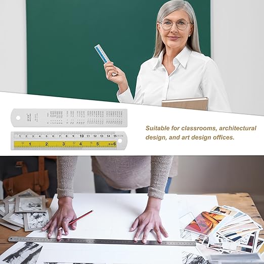 HARFINGTON 6pcs Metal Straight Ruler 15cm Metric SAE Aluminum Alloy Measuring Rulers Scale Tool with Hole for Measure Study Reading Classroom Office, Yellow