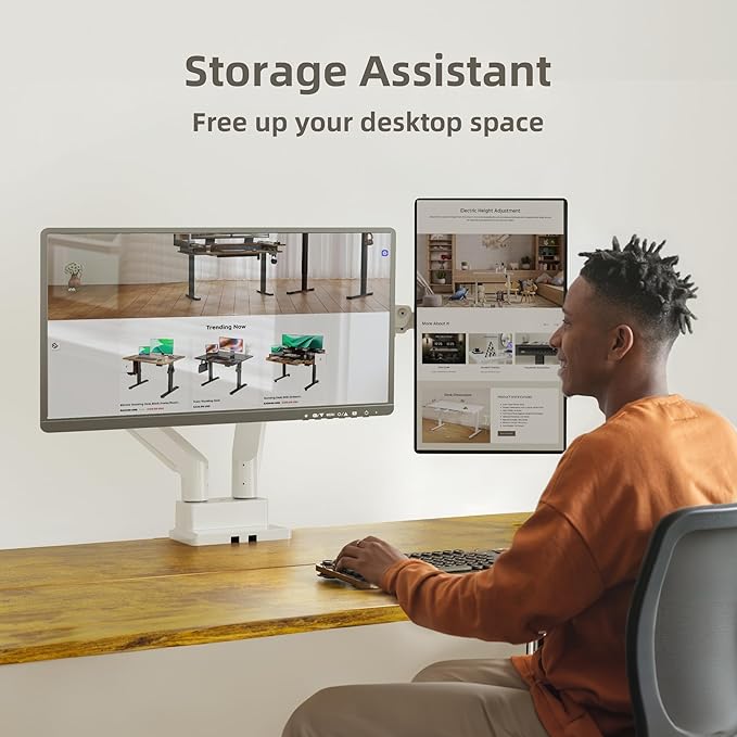 Claiks Dual Monitor Mount for Max 35 inch Screens Stand up to Max 89 lbs, Ergonomic Gas Spring Heavy-Duty Adjustable Monitor Arm, with Clamp and Grommet Base, VESA Mounting Holes 75&100mm, White