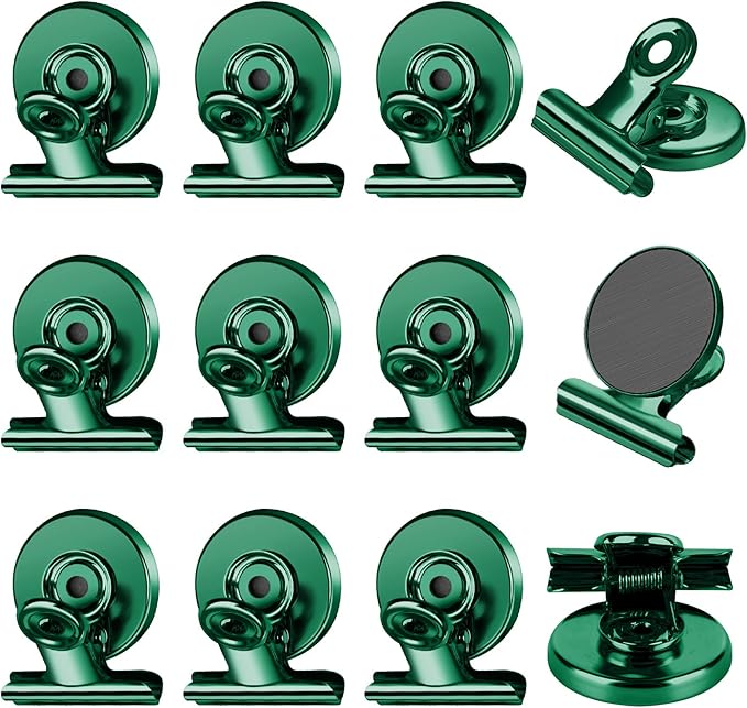 FINDMAG 12 Pack Magnetic Clips for Picture Hanging and Photo Display, Heavy Duty Scratch-Free Magnets for Refrigerator, Whiteboard, Fridge, Kitchen, Office, School, Classroom, Green.