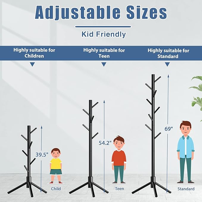 Haddockway Wooden Coat Rack Stand with 8 Hooks New Zealand Pine 3 Adjustable Coat Standing Tree Easy Assembly for Coats, Hats, Scarves and Handbags for Entryway, Hallway, Bedroom, Office,2 PCS