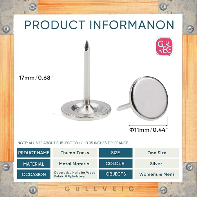 Gullveig Silver Push Pins and Thumb Tacks: Heavy Duty Flat Upholstery, Long Carpet Tacks, and Decorative Nails for Wood and Fabric, 50 Count