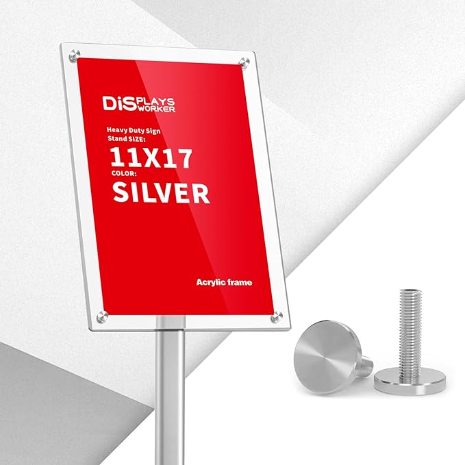 DISPLAYSWORKER Adjustable Heavy Duty Pedestal Acrylic Sign holder floor Stand,sign stand poster stand ,Standing Floor for 11 x 17 inch,Silver (silver, acrylic frame 11-x-17-inch)