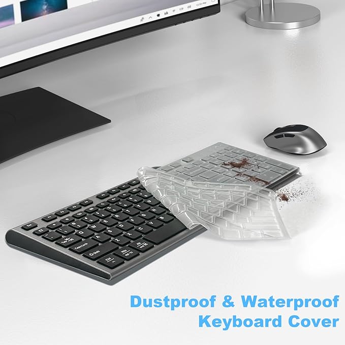 FENIFOX Wireless Keyboard and Mouse, Ergonomic Rechargeable Silent Quiet Slim USB C Flat Compact Full Size with Number Pad Soft Cover Keyboards for Mac Computer PC Surface Laptop MacBook iMac Black