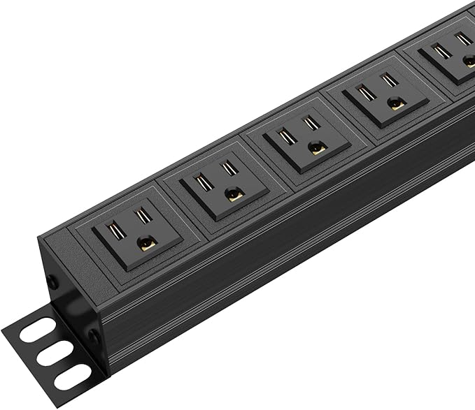 BTU 6 Outlet Power Strip, Metal Mountable Power Strip Surge Protector, Heavy Duty Wall Mount Power Outlet for Commercial, Industrial, Workshop, 6FT Power Cord, 15A/125V 1875W (Black 6FT)