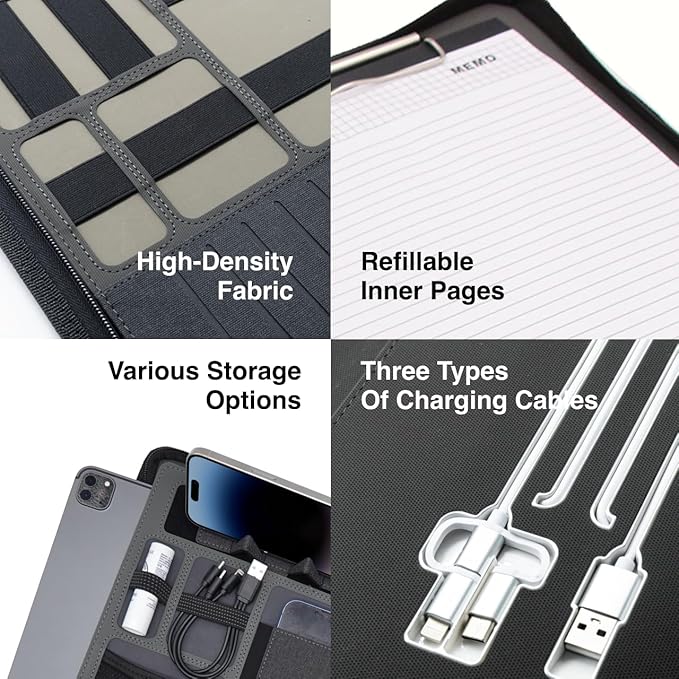 CARDSILK， Leather Zipper Portfolio Binder with Wired Charging, Clipboard – Business Organizer Padfolio folder with Built-in Power Bank, Tablet Slot, Zip Up Binder & portfolio clipboard for Women/Men