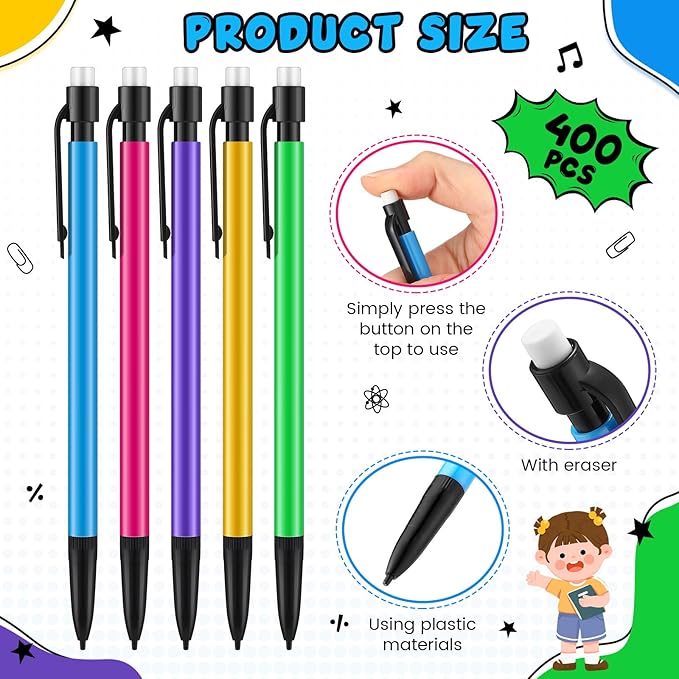 Colarr 400 Pieces Mechanical Pencils 0.7 mm with Eraser Pastel Art Pencils for Kid School Students Artist Writing Drawing Sketching