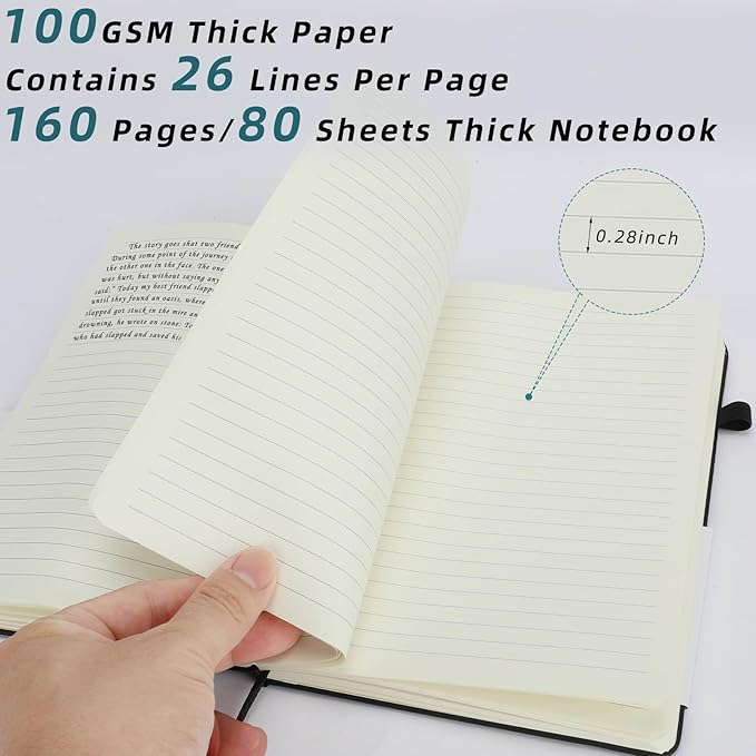 Coopay 6 Pack A5 Journal Notebook with 6 White Pens Bulk Classic Ruled Hardcover Leather Journal Set with Pen Holder for Men Women Writing Office Home School Business, 100GSM, 8.3” x 5.5” (Black)