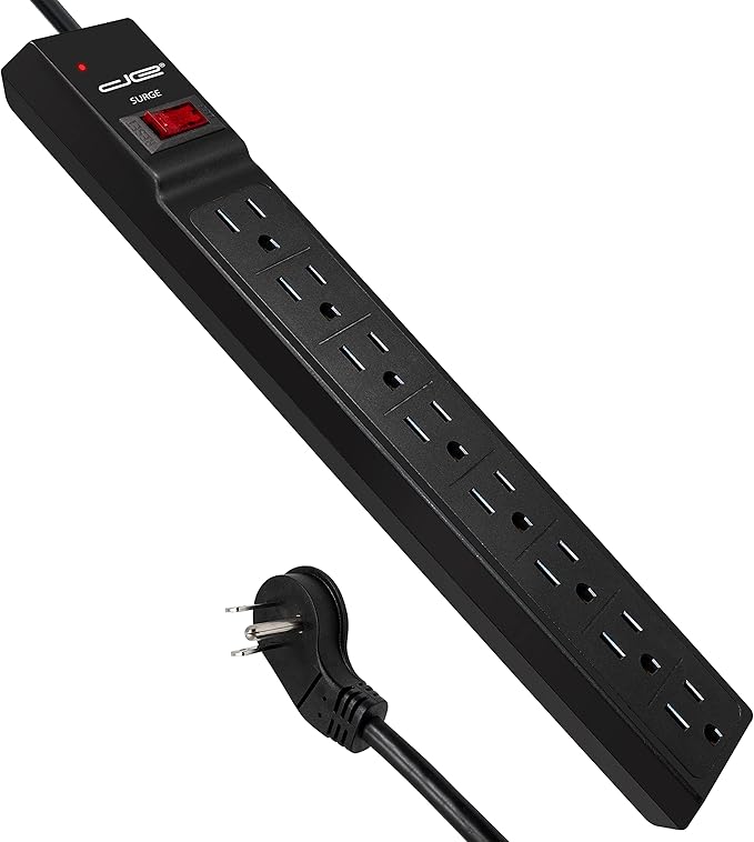 Digital Energy 25 FT 8 Outlet Surge Protector Power Strip - 15 AMP, 1875 W, 125 V, 350 J Surge Protection, ETL Listed - Flat Plug, Black