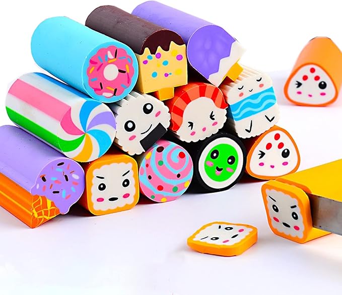 Food Erasers 12 Pack Sushi Desserts Desk Pet Erasers for Kids Cute Fun School Supplies Prize Gifts Party Favors