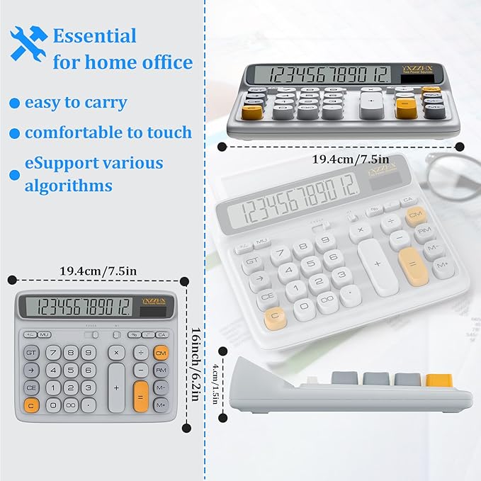 Desktop Calculator with Extra Large 5-Inch LCD Display, 12-Digit Two Way Power Solar & Battery Office Calculator with Big Buttons for Business, Accounting & Home Use(Grey)