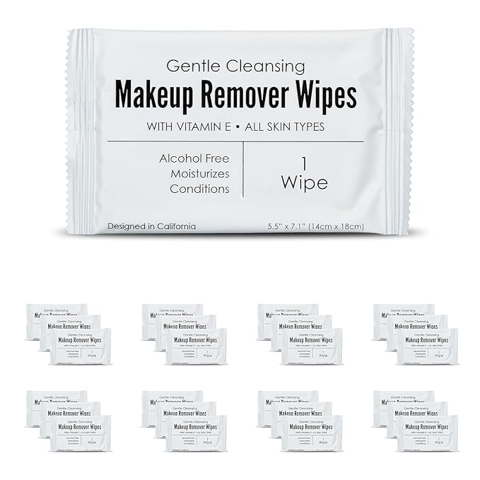 Bulk Makeup Remover Wipes | 50 Count | Individually Wrapped, Gentle Cleansing, Alcohol Free - All Skin Types - Vitamin E - 100% Recyclable, Hotel Travel Size Toiletries
