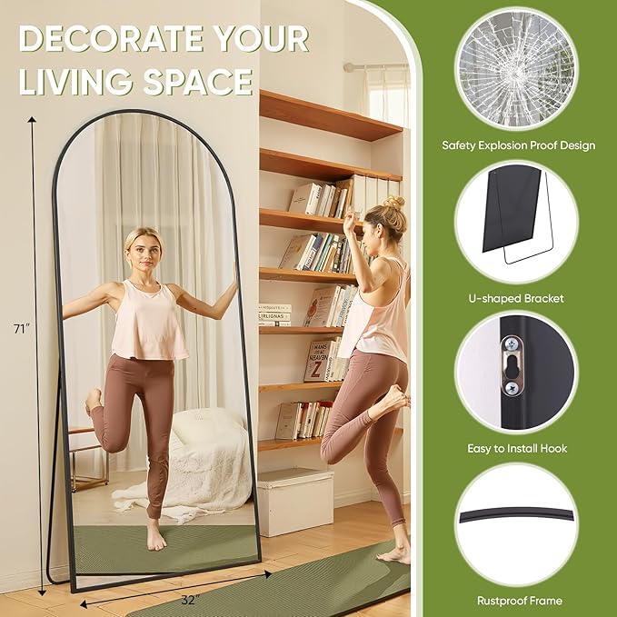 Full-Length Floor Mirror with Stand, 71"x32" Arched Style Full Body Standing Mirror for Bedroom, Living Room, Gym, Dorm - Shatter-Resistant & Easy Assembly, Black