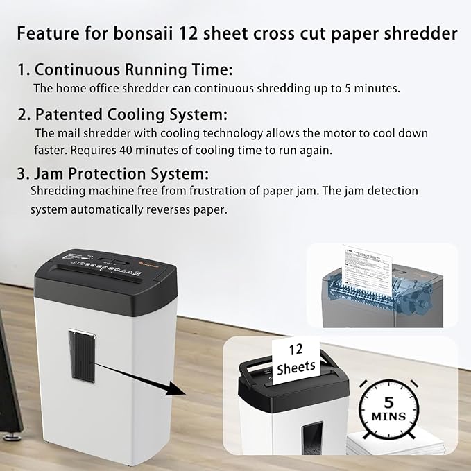 Bonsaii Heavy-Duty Shredder, Up to 12 Sheets, P-4 high Security, Credit Cards, Mail, & Staples, 5.5-Gallon bin with a Transparent Window, Suitable for Heavy-Duty use in Home Offices, White & Black