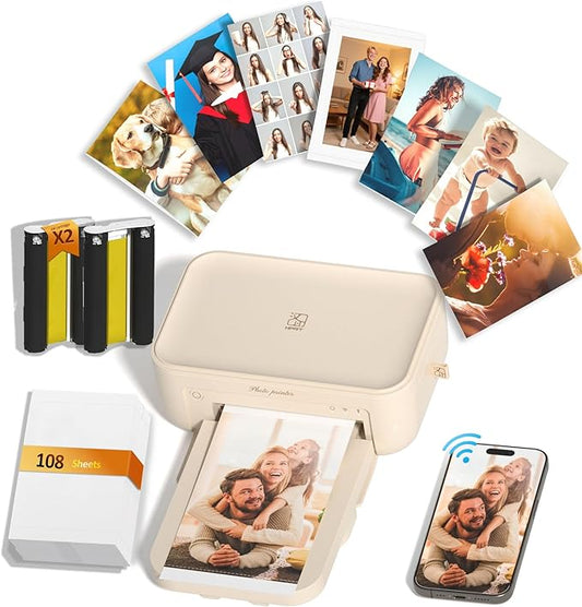 CP4100 4x6 Photo Printer with 108 Sheets & 2 Ribbons, Full-Color Thermal Dye Sublimation Wi-Fi Printing, Portable Instant Picture Printer for iPhone/Android, AR Video, Fun App, Home Use, Beige