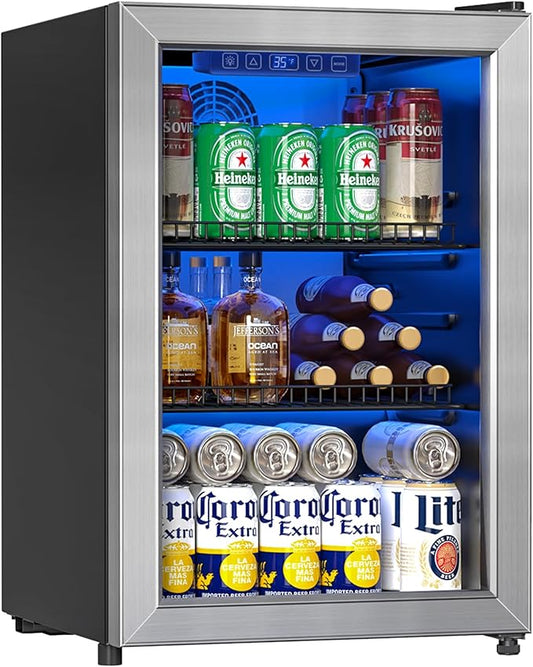 Beverage Refrigerator and Cooler, Freestanding Drink Dispenser for Soda Beer or Wine,90 Can Mini Fridge with Glass Door,Digital Temperature Control,Home, Bar, Office (Silver, 2.48 Cu.Ft)