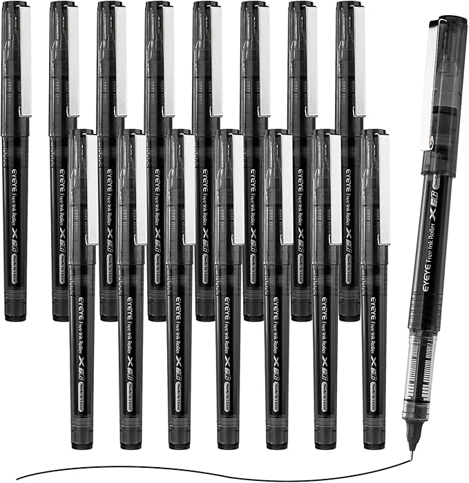 EYEYE 16 Packs Black Rollerball Pens, Liquid Ink Quick Dry Gel Pen, 0.5mm Fine Needle Nib for Taking Notes Doodling, School Office Home Supplies