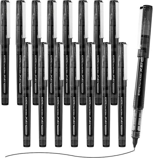 EYEYE 16 Packs Black Rollerball Pens, Liquid Ink Quick Dry Gel Pen, 0.5mm Fine Needle Nib for Taking Notes Doodling, School Office Home Supplies