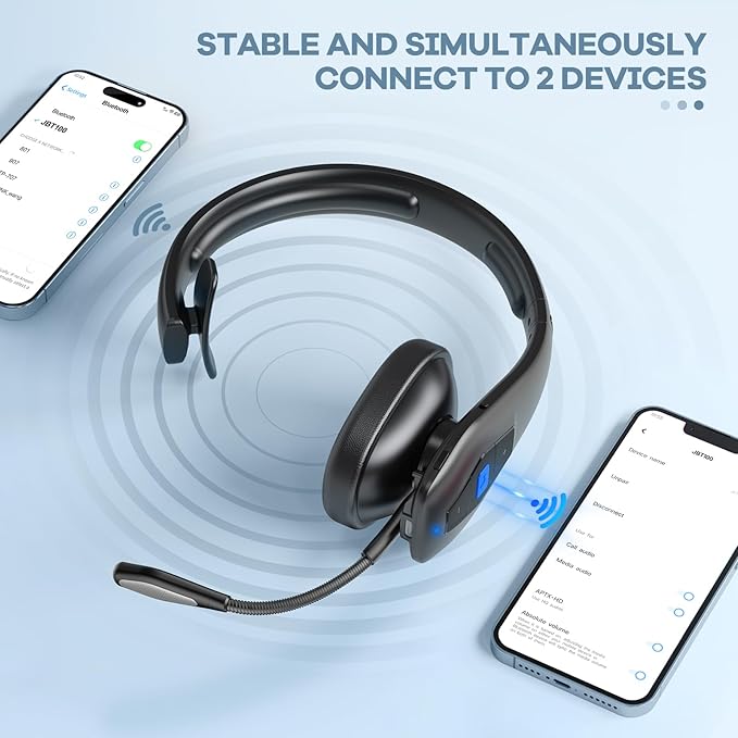 CONAMBO JBT100 Trucker Bluetooth Headset with Dual Mic Noise Canceling, CVC8.0, Mute Button, 60Hrs Battery Wireless Headset, On Ear Headphone for Cell Phones Business Home Driver Office Work