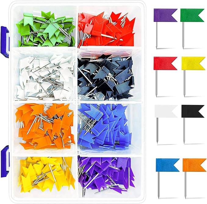 Colored Flag Travel Map Push Pins, 400 Pack Multicolored Decorative Map Tacks Assorted 8 Colors, Plastic Head for Cork Bulletin Board, Picture Hanging at Home Office School