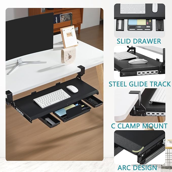 ETHU Keyboard Tray Under Desk, Pull Out Keyboard & Mouse Tray with C-clamp, Ergonomic Desk Keyboard Tray Slide Out, Pull Out Platform Drawer for Home and Office（Black）
