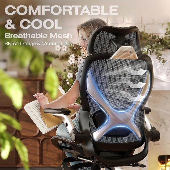 ELABEST X100 Ergonomic Office Chair with Footrest, Big and Tall Home Desk Chair with 5D Flip-Up Arms, Adjustable 3D Lumbar Support,High Back Rolling Computer Chair, Swivel Mesh Chairs (Midnight Mist)