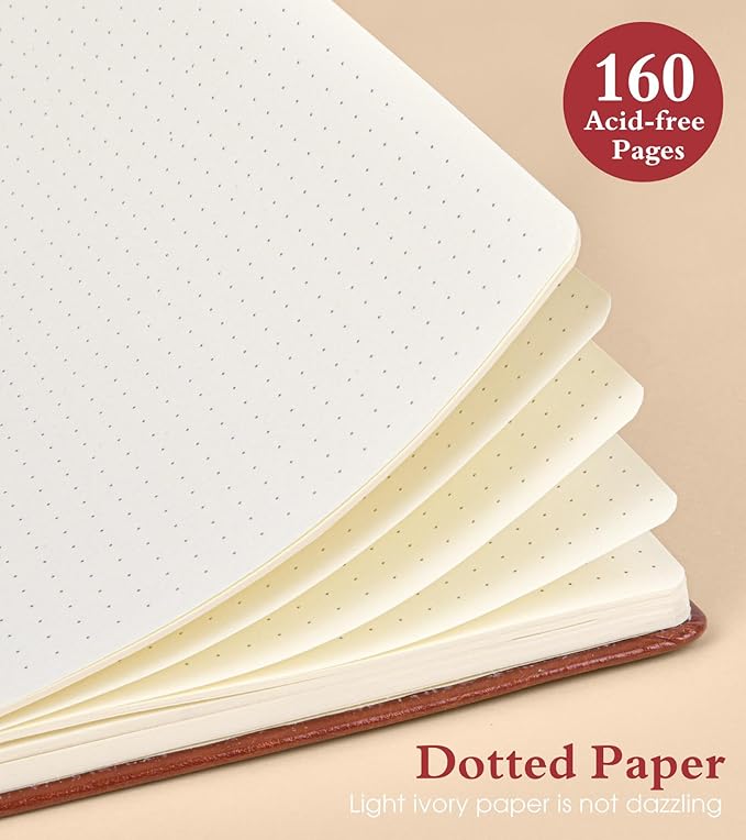 Dotted Journal Notebook for Women Men, 160 Pages Dot Grid Paper,Inner Pocket, A5 Hardcover Vintage Leather Notebooks for School, Work, Travel, Note Taking，Bullet Journaling 5.8"x8.5" (Brown)