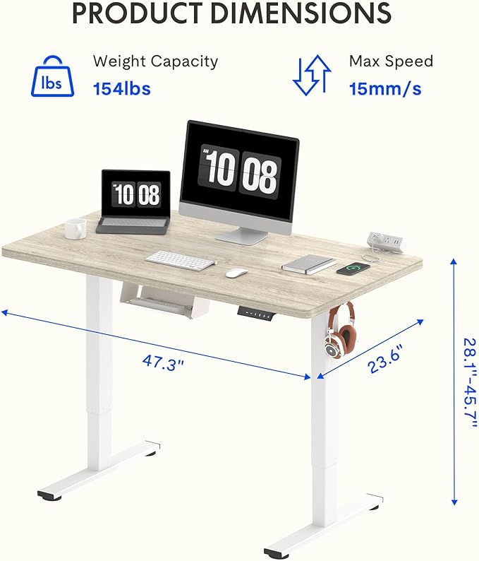 FLEXISPOT EN2 Whole-Piece Standing Desk with Clamp Power Strip, 48 x 24 Electric Stand Up Height Adjustable Desk with Cable Management (White Frame + 48" White Wood Grain Desktop)